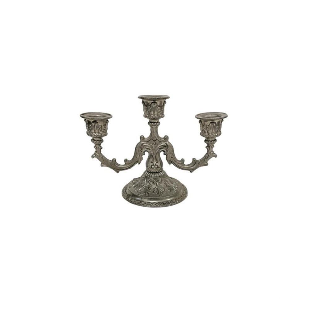 Vintage 1950s Ornate 3 Arm Candelabra Silver Tone Floral Scroll Candle Holder